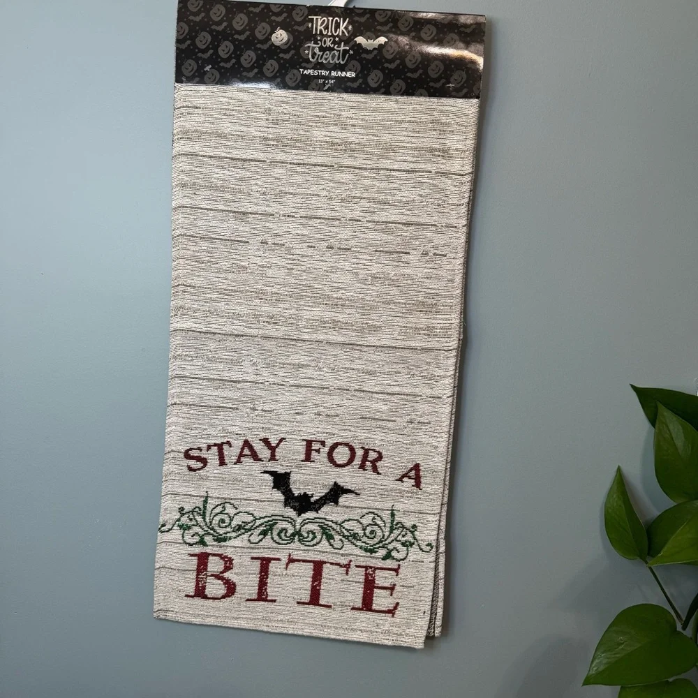 Halloween Trick Treat NEW Tapestry Table Runner “Stay for a Bite” 13x54